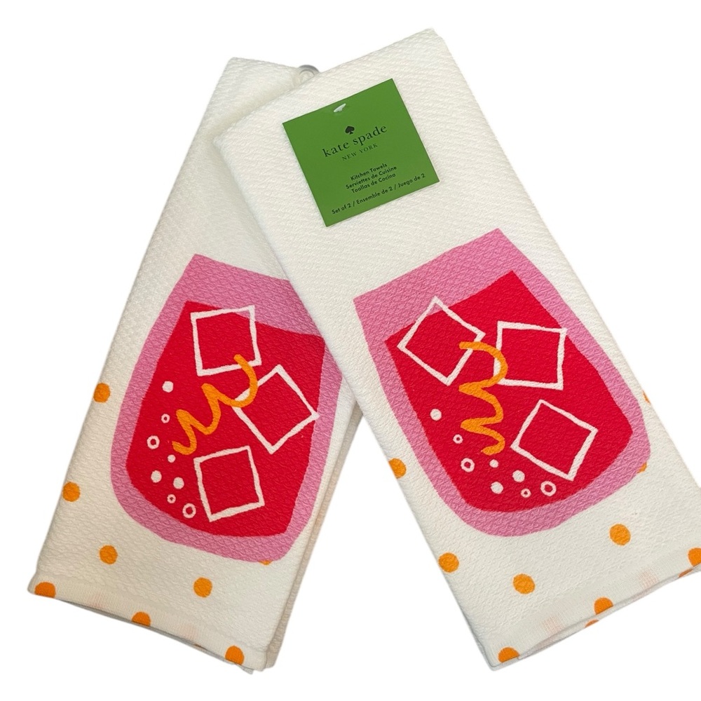 KATE SPADE Set of Two 100% Cotton Kitchen Towels Pink Cocktail with Ice Cubes